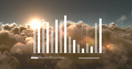 White bar chart floating above clouds under sun, with grid lines and slider handle numeric readout. Data, analytics, finance, technology, futuristic, dashboard, clarityの写真素材