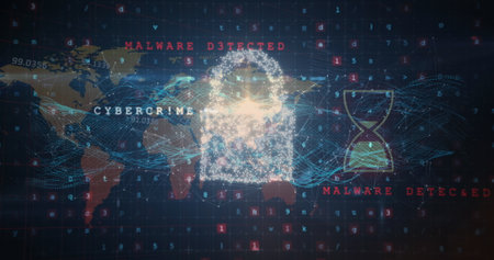 Displaying padlock icon on cyber grid, world map, waves, hourglass and CYBERCRIME or MALWARE labels. Cybersecurity, digital security, data protection, network, digital interface, cyber threat, information technologyの写真素材