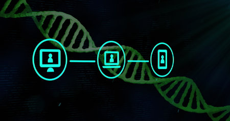 Showcasing desktop laptop smartphone icons connecting in abstract backdrop, with glowing DNA helix....