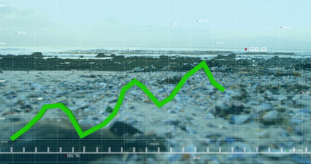 Displaying bright green line chart fluctuating data on rocky beach by sea, grid with ticks, labels....