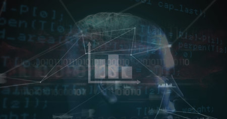 Displaying head profile pulsating in data environment, with neural network and binary code streams. Technology, data visualization, cybersecurity, artificial intelligence, digital innovation, analytics, abstract artの写真素材