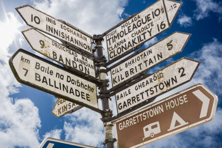 Low angle view of sign posts with text against cloudy sky