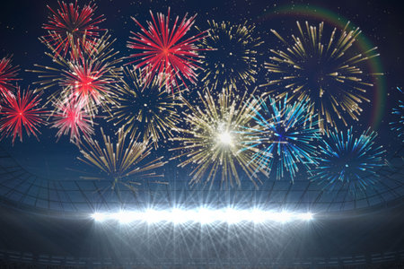 Digitally generated fireworks exploding over football stadium