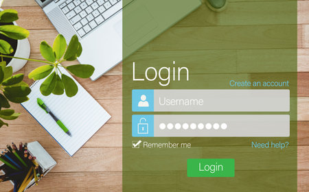 Close-up of login page against laptop on office deskの写真素材