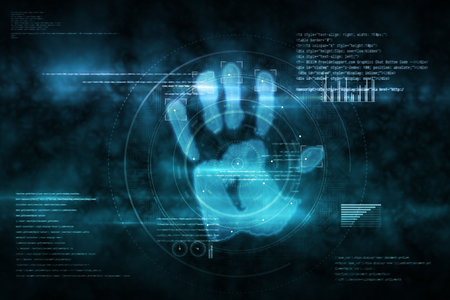 Digital security hand print scan in blue and blackの写真素材