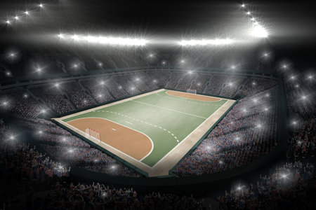 Flat illustration is showing empty court in arena with floodlights, goal frames, phone lights. Stadium, spectators, illumination, sport, architecture, audience, vibrantの写真素材