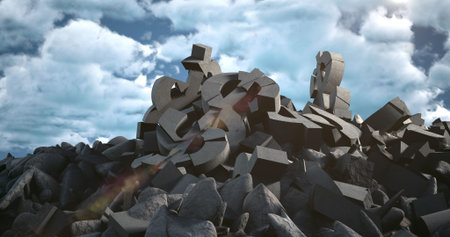 Digital composite image of broken dollar sign and rocks against cloudy skyの写真素材