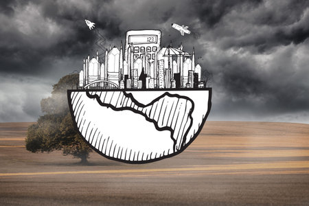 Halved world graphic on dark countrysideの写真素材