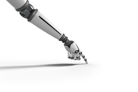 Gray robotic hand gesturing on white backgroundの写真素材