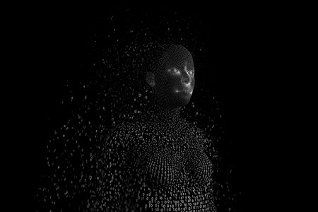3D illustration of pixelated woman against black background