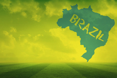 Digitally generated football pitch with brazil outline and textの写真素材