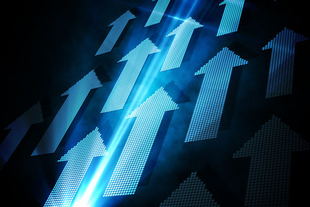 Blue arrows on black backgroundの写真素材