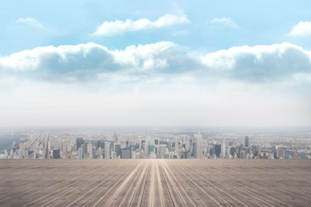 Flat design wooden deck is stretching toward skyscraper silhouettes under fluffy clouds. Urban, skyline, architecture, landscape, modern, minimalistic, outdoorの写真素材