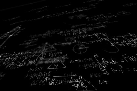 Digitally composite image of mathematical equations with solution on blackboard