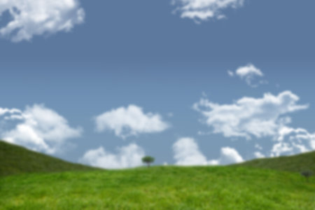 Idyllic shot of green land against skyの写真素材