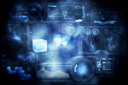 Cluster of holographic data panels is floating in dark void in 3D render, displaying UI details....
