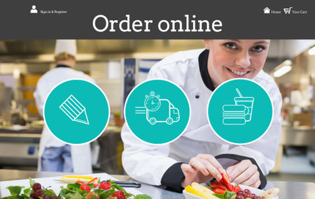 Female chef is arranging fresh fruit platter in flat design kitchen scene with teal icons. Gourmet, culinary, cuisine, food presentation, hospitality, modern, vibrantの写真素材