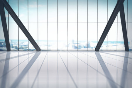 Flat design showing spacious interior hall with glass wall, diagonal beams, glossy floor, skyline. Modern, minimalism, urban, architecture, reflective, sleek, spaciousの写真素材