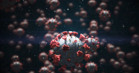 Multiple micro Covid-19 cells against black backgroundの写真素材