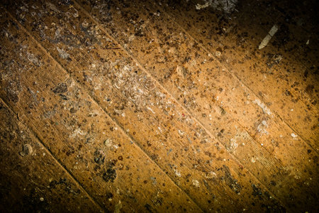 Aged wooden floor planks are being shown in flat design, with dust, paint splatters, small stones. Vintage, rustic, textured, grunge, decay, weathered, industrialの写真素材
