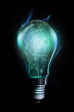 3D render is showing light bulb suspended over backdrop with teal filaments, metal base, copy space. Innovation, technology, illumination, futuristic, abstract, design, creativityの写真素材