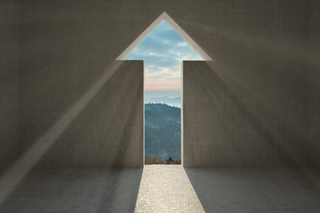 Flat illustration featuring concrete chamber casting sunbeams through arrow-shaped wall opening....