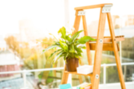 Potted plant on wooden ladder in balcony against sky