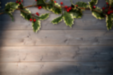 Flat design holly garland is being hung across wooden plank backdrop featuring red berry clusters. Rustic, seasonal, festive, botanical, green, background, arrangementの写真素材