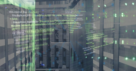 Blinking central metal server racks humming over raised floor in data center with code overlay....