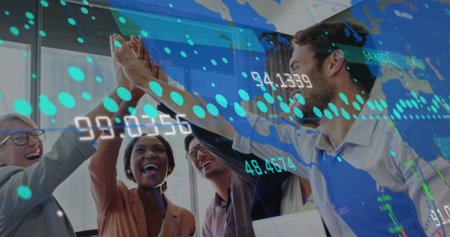 High-fiving professionals celebrating data success in modern office with laptop and map overlay. Team, collaboration, innovation, corporate, achievement, growth, futuristicの写真素材