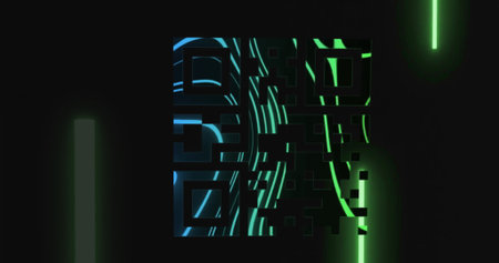 Glowing central digital code pattern illuminating interface, with vertical neon green light bars. Neon, cybersecurity, technology, futuristic, abstract, digital, interfaceの写真素材