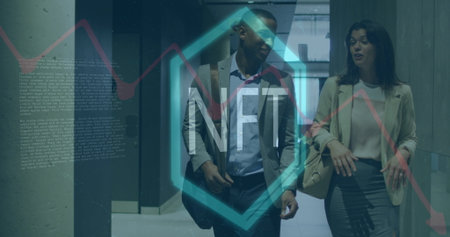 Walking team in suits, blazers discussing NFT hexagon chart in office hall with messenger, tote bag. Professional, collaboration, modern, corporate, innovative, technology, networkingの写真素材
