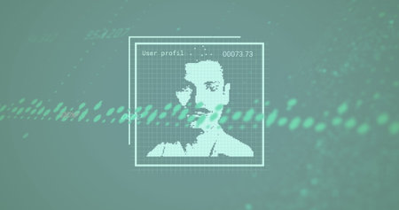 Displaying pixelated user profil avatar on teal interface with grid, code 00073.73 and waveform....