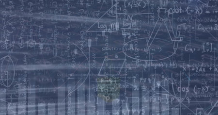 Displaying mathematical annotations covering chalkboard space, with equations and plotted charts....