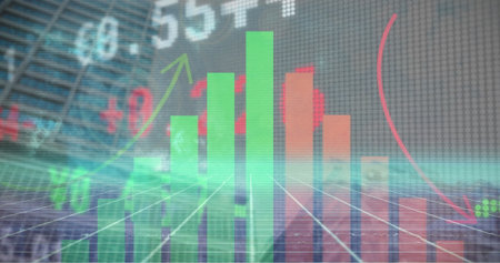 Floating bar chart over grid in atrium, with green red bars, numeric data and trend arrows. Abstract, data visualization, analytics, investment, finance, modern, minimalisticの写真素材