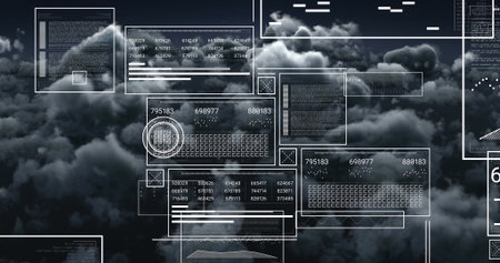 Projecting panels over dark clouds: wireframe UI, code blocks, keyboard icon and circular overlays....