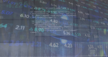 Overlaying JavaScript code over nighttime skyline, with stock values and upward arrows. Technology,...