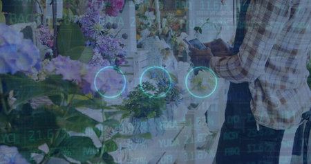 Scanning florist in plaid shirt and apron using tablet at counter, with hydrangeas copy space....