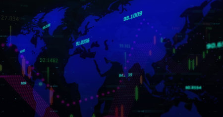 Displaying digital world map with numeric data labels on trading platform, with candlestick bars....