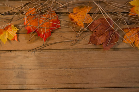Overhead view of autumn leaves and twigs on wooden table