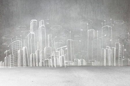 Chalk-drawing city skyline is spanning gray textured wall and floor with clouds and arrows. Urban, blueprint, sketch, minimalist, architecture, design, monochromeの写真素材