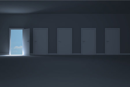 Door opening in dark room to show sky