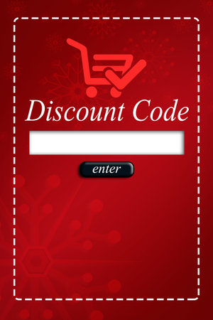 Discount code input is showing flat red design with cart icon, dashed border and enter button. Promo, ecommerce, digital marketing, minimalism, user interface, branding, advertisingの写真素材