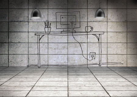 Digitally generated drawn desk in grey roomの写真素材
