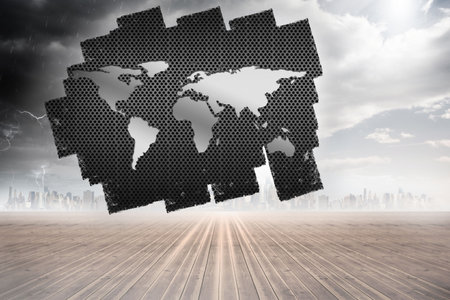 Floating hexagonal metal map is hovering against skyline in 3D render under lightning and sunrays. Geography, urban, metallic, futuristic, dystopian, architecture, technologyの写真素材