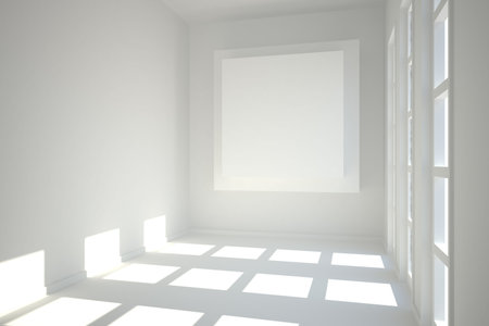 White room with square at wall and bright windowsの写真素材