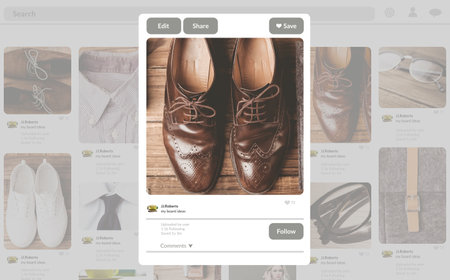 Digital composite image of leather shoes image on websiteの写真素材