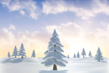 Digitally generated Snowy landscape with fir treesの写真素材