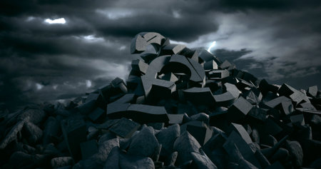 Digital composite image of broken pound sign and rocks against cloudy skyの写真素材