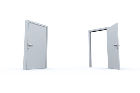 Pair of white doors are standing and opening in seamless white void, flat vector illustration. Minimalist, modern, abstract, architectural, geometric, versatile, cleanの写真素材